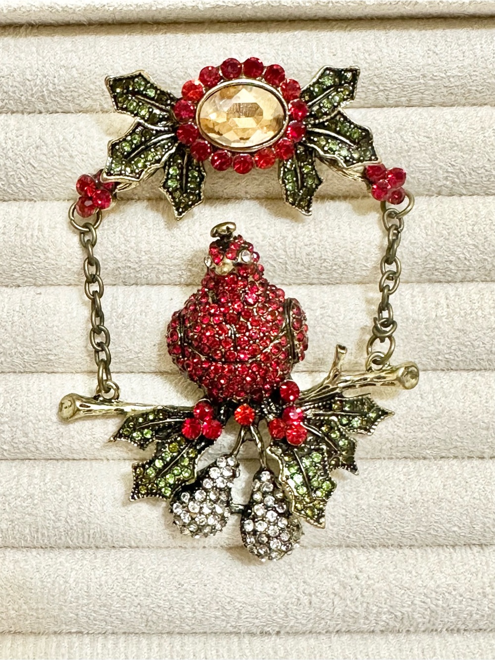 Red Crystal Bird Brooch with Green Leaf Accents